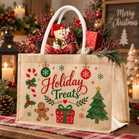 Sac fourre-tout en jute de Noël imprimé « Joyeux et Lumineux » avec poignées en corde blanche pour emballage de cadeaux de fêtes
