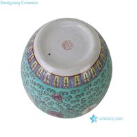 RZPV11-A-B Jarre à gingembre en céramique Chinoiserie, fond turquoise, Famille Rose, motif floral et caractères chinois de longévité, centre de table