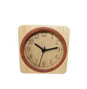 Mini solid wood frame quartz analog wooden square alarm clock