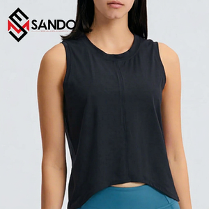 Top Corto sin Mangas para Mujer, Color Negro Sólido, Asimétrico, de Secado Rápido, Informal, Tejido, Ajustado, con Bordado, Anti-Pilling, Cuello Redondo, Primavera - Product Image 1