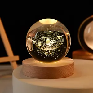 3D Laser Engraved Crystal Ball With Elegant Beechwood Light Base - Exquisite Art Piece For Home And Office Decor