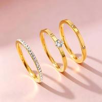 Ensemble de bagues en acier inoxydable doré rose avec zircon, pierre centrale ronde, empilables, trois pièces, en stock, bijoux pour femmes