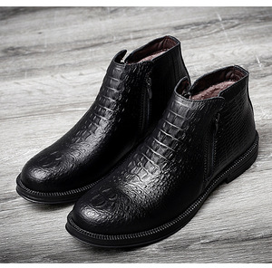 Men Round Toe Ankle <b>Booties</b> Bright White Embossed Surface Outer Zipper Access Durable Slim Black Sole Casual Ankle Boots - Product Image 4