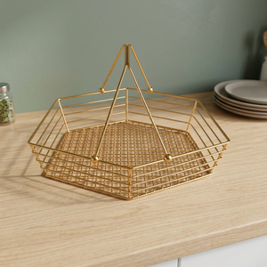 <b>Gold</b> Metal Wire <b>Storage</b> <b>Basket</b> Polygon Shape With Handle Minimalist Kitchen Organizer Single Tier Standing Type - Product Image 1