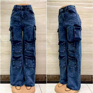 Jean <span class=keywords><strong>cargo</strong></span> décontracté pour <span class=keywords><strong>femme</strong></span>, taille haute, coupe skinny, respirant, multi-poches, délavage clair, longueur cheville - Product Image 2