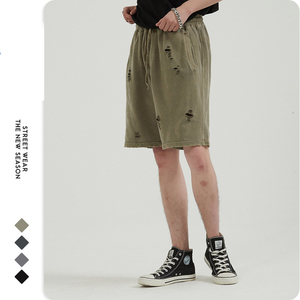 Casual Vintage Wash 100% Pure Cotton <b>Men's</b> <b>Shorts</b> Eco-Friendly Street Style Loose Hole Bulk Washed <b>Shorts</b> - Product Image 4