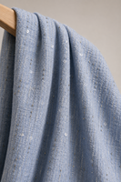 Tissu tricoté en tweed bleu clair avec broderie de perles et de paillettes, rayures verticales argentées perlées, pour vêtements de luxe pour femmes, manteaux et costumes