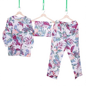 Ensemble de pyjama pour femmes à imprimé floral, manches longues, col en V, coton, fibre de bambou, vêtements de nuit d'été, longueur intégrale, taille élastique, style décontracté - Product Image 1