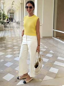 Quality Yellow Textured Knit Vest for Street Outing Daily Shopping High Elasticity Sleeveless Stylish Knitted <strong>Jumper</strong> - Product Image 2