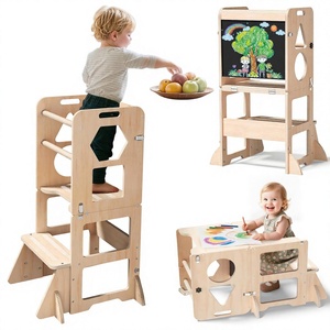 Tabouret de cuisine pliable multifonctionnel 4-en-1 Woodure avec tableau noir pour enfants de 1 à 3 ans, cadeau pour garçon ou fille - Product Image 3