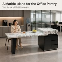 Îlot de cuisine personnalisé en marbre blanc et bois avec panneau de rangement, idéal pour les petits appartements, cuisines domestiques, bars, restaurants, villas et hôtels