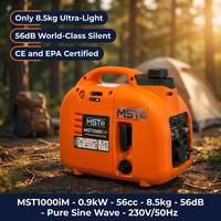 Generador Inverter Silencioso de 0.9kW y 4 Tiempos, 56cc OHV, Solo 8.5kg, 56dB, Onda Sinusoidal Pura, CE EPA, Arranque por Retroceso, 230V, Portátil para Camping y RV