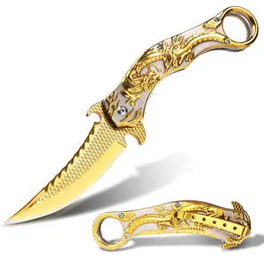 MADSMAUG-Cuchillo de bolsillo EDC de acero inoxidable con Dragón en relieve 3D, cuchillo de bolsillo plegable de escorpión dorado para acampar, supervivencia al aire libre