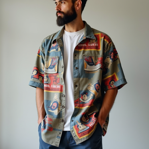 TKAN686 venta al por mayor de alta calidad Casual 100% tela de sarga de algodón cuello extendido botón Arriba Vintage estampado camisa de manga corta para hombres - Product Image 2