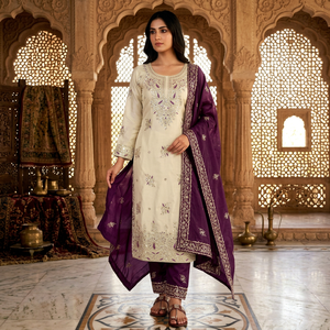 Ensemble Kurta brodé crème avec dupatta violet, tenue ethnique traditionnelle indienne et pakistanaise pour femmes, longueur au sol - Product Image 1