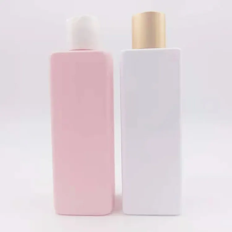 250ml Empty Pink PET Square Plastic Shampoo Bottle Skin Care Cosmetic Container Shower Gel Bottle with Golden Disc Cap