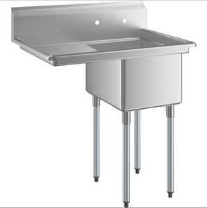 Mesa de fregadero de un compartimento de acero inoxidable con respaldo contra salpicaduras con pies ajustables con escurridor izquierdo para restaurante - Product Image 2