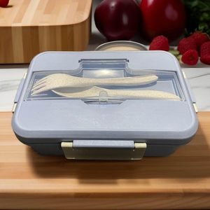 Food Grade 1000ml Wheat Straw Bento Box Leak Proof Dual Tier Portable Outdoor Use Food <b>Container</b> with Soup Cup and Spoon - Product Image 5