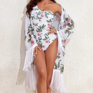 STOCK 5Colors One Shoulder Swimwear Print Designer Zweiteiliger Badeanzug Fransen Hem Beach Kimono Beach wear