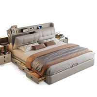 Lit double multifonctionnel avec rangement, en cuir, style moderne minimaliste, luxe léger, pour chambre principale, avec porte coulissante et système anti-pression