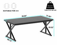 Table à manger industrielle en bois noir mat avec pieds en X inclinés et barre transversale en acier pour la maison, le bureau ou l'atelier