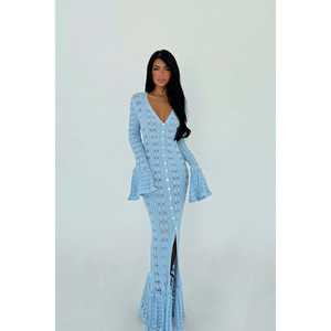 Blue Button Detail <b>Casual</b> <b>Long</b> <b>Dress</b> for Summer Pencil Silhouette Short Sleeve Midi Length Solid and Print Pattern - Product Image 3