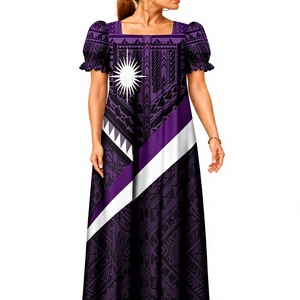 Vestido Mumu Micronésico Personalizado, Estampado Tribal Polinesio Tapa, Hombros Descubiertos, Mangas Abullonadas, Vestido Maxi, Moda Isleña OEM - Product Image 3