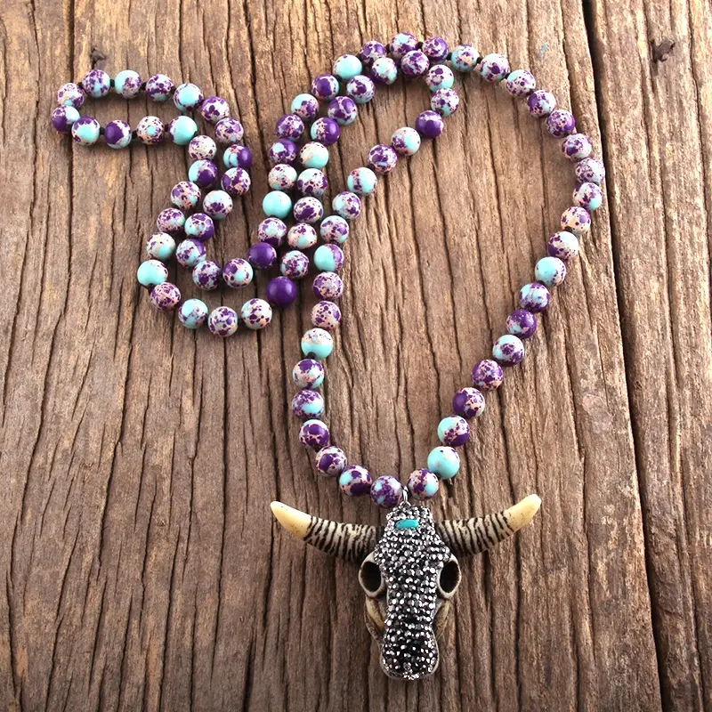 Fashion Bohemian Tribal Jewelry Long Knotted Stones With Bull Head Charm Pendant Handmade Necklace Women Jewelry