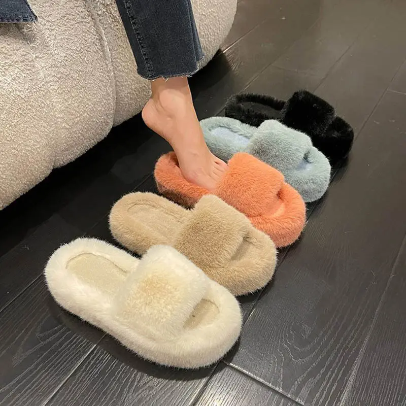 Fashion Foot bed Open Toe Mule Fluffy Faux fur House Slippers for Women