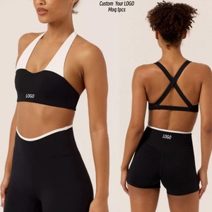 Aoyema Women Sports Wear Custom <strong>Low</strong> MOQ Black &amp; White Color Block Halter Open <strong>Back</strong> <strong>Bra</strong> &amp; High-Waisted Shorts&amp;Leggings Gym Set - Product Image 1
