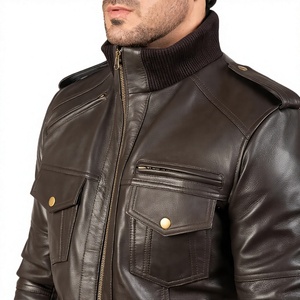 Chaqueta de Invierno para Hombre, Estilo Motero, de Cuero Genuino Marrón, con Cuello Mao, Calefactable, con Cierre de Cremallera - Product Image 6