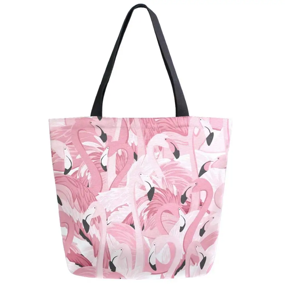 エコ高品質ラージピンクフラミンゴパターンキャンバスショルダートートバッグ再利用可能な食料品ショッピングバッグ
