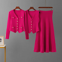 Set Rajutan 3 Potong Wanita: Cardigan, Jaket, Rok Elegan, Rompi Tanpa Lengan, Setelan Sweater Wanita Musim Dingin, Kancing Emas