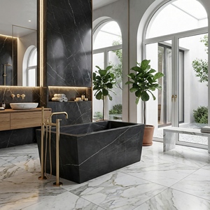 Baignoire ovale moderne de luxe sur mesure en marbre noir Marquina exclusif, autoportante, pour appartement - Product Image 1