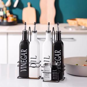 Ensemble distributeur d'huile et de <span class=keywords><strong>vinaigre</strong></span> en verre noir et <span class=keywords><strong>blanc</strong></span> de 500 ml avec salières et poivrières, support métallique, ensemble de condiments de cuisine minimaliste - Product Image 2
