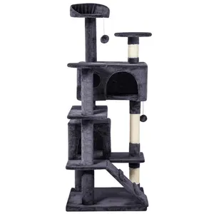 Amazon Top Selling 54in Marinha Torre De Árvore De Madeira Multi-Nível Indoor Cat Móveis Atividade Centro Coçar Posts Cat Condo