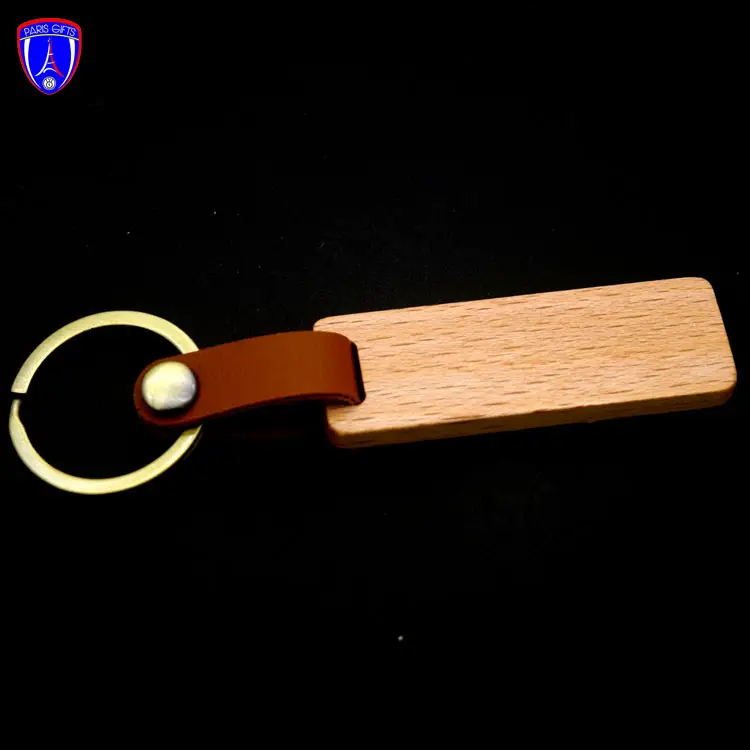 factory price blank wood keychain with leather keyring made in china