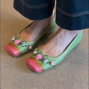 Factory Wholesale Handmade Green Satin Flower Ballet <b>Flats</b> - Toe <b>Cap</b> Lace Trim Casual Daily Women's Shoes - Product Image 3