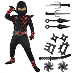 Conjunto de Disfraz de Ninja Acolchado para Niños con Capucha, Máscara y Accesorios de Armas, Traje de Artes Marciales con Línea Roja para Halloween, Cosplay y Fiestas - Product Image 3