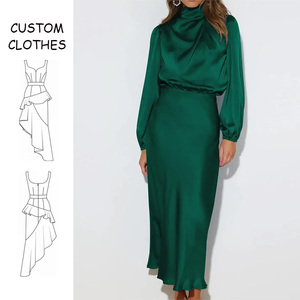 Abito personalizzato in poliestere estivo a vita alta in tinta unita abito Casual Color <span class=keywords><strong>verde</strong></span> <span class=keywords><strong>smeraldo</strong></span> Maxi manica lunga a sbuffo - Product Image 1