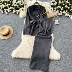 Jupe de tailleur ample pour femme avec une base Robe en tricot sans manches Veste <span class=keywords><strong>pull</strong></span> à manches longues avec taille ajustée - Product Image 2