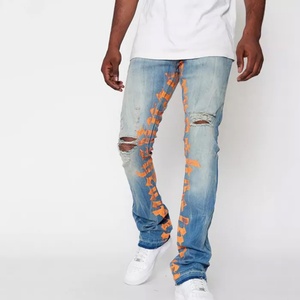 Pantalones Vaqueros Azules Casuales para Hombre, Personalizados con Letras Impresas, Ajustados, Desgastados, Estilo Stacked - Product Image 3