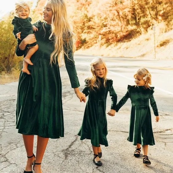 Warm Gold Mommy and Daughter Dress Long Sleeve Flutter Woman Velvet Midi Dress