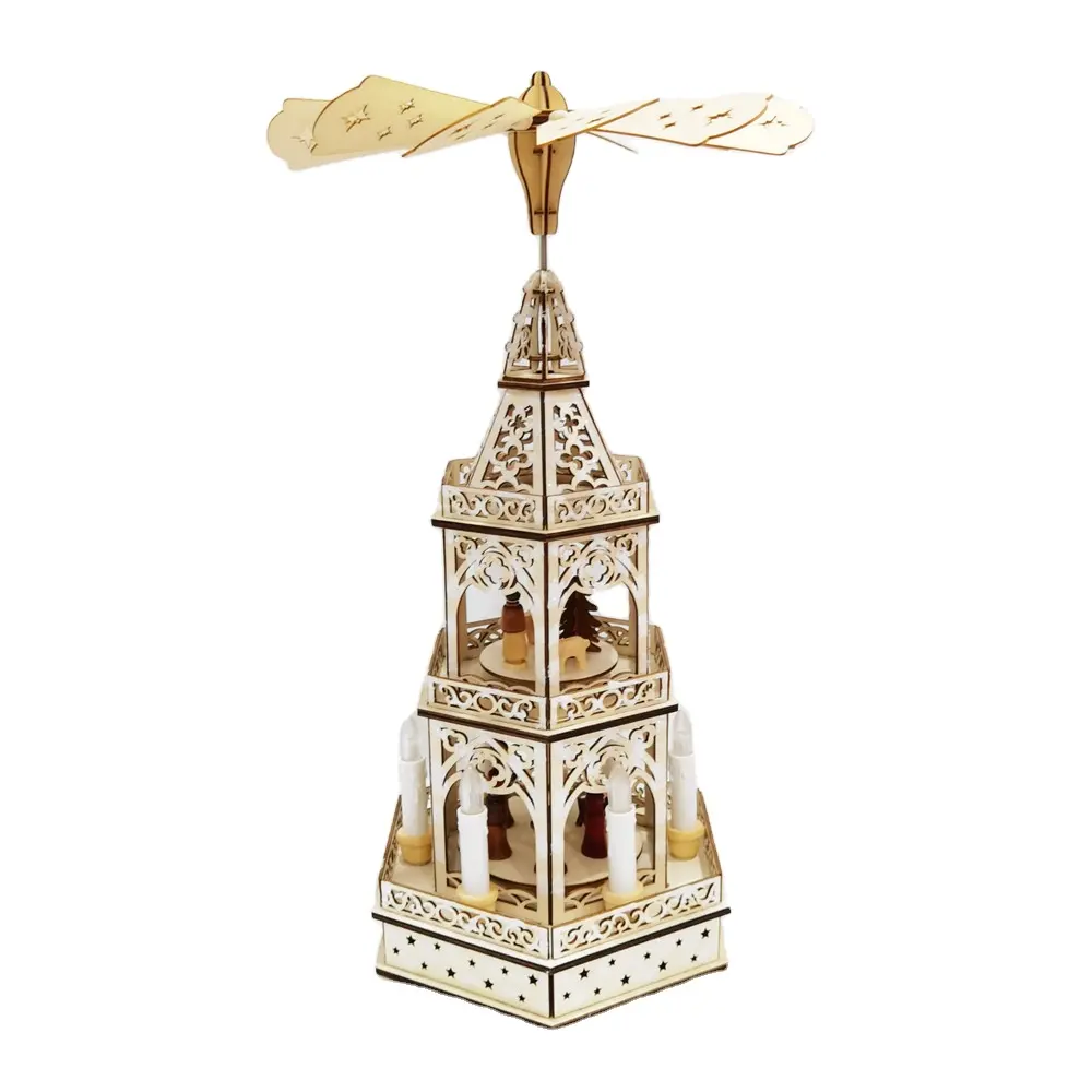 German Traditional Laser Cut 3-Layer 2-layer Christmas Light Decoration Pyramid With Nativity Set