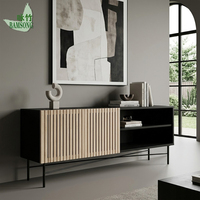 Meuble TV en bambou écologique avec lattes noires en bois pour salon, console multimédia avec étagères ouvertes, trou pour câbles, pieds en métal, OEM ODM