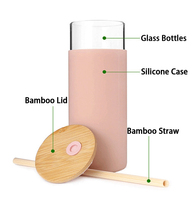 Gobelet en verre personnalisé avec logo, 20 oz, bouteille d'eau en verre, paille, manchon de protection en silicone, couvercle en bambou, sans BPA, tasse en verre de 500 ml
