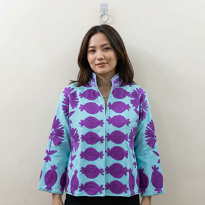 Chaqueta Aqua Suzani Ecológica y Chic, Edición Violeta, Bordada a Mano, de Algodón Waffle con Spandex, Diseño Floral, Estilo Primavera - Product Image 1