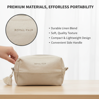Trousse de Maquillage Grande en Toile Naturelle Personnalisée Royal Fair avec Fermeture Éclair, Pochette Cosmétique en Chanvre à Pompon pour Week-ends et Organisation de la Vanité