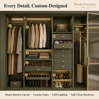 Dressing de luxe en U avec portes vitrées en bois, 5+ tiroirs, éclairage LED, montage DIY, design moderne, durable, pour appartement