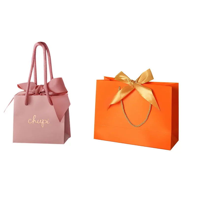 Competitive Price Elegant Customized Brand Logo Luxury Wine Boutique Shopping Pink Paper Gift Bags With Ribbon Handles